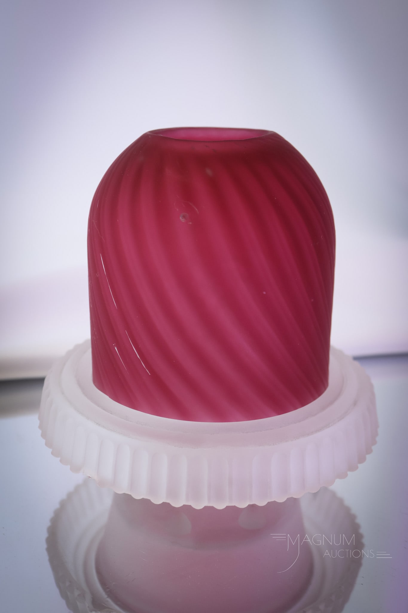 Hobbs Satina Swirl Victorian Fairy lamp: Another fine and rare example of a fairy lamp by Hobbs. This superlative example was made in rich ruby satin glass.. The fairy lamp features a clear frosted base. Complete the lamp measures 5 1/2" tal