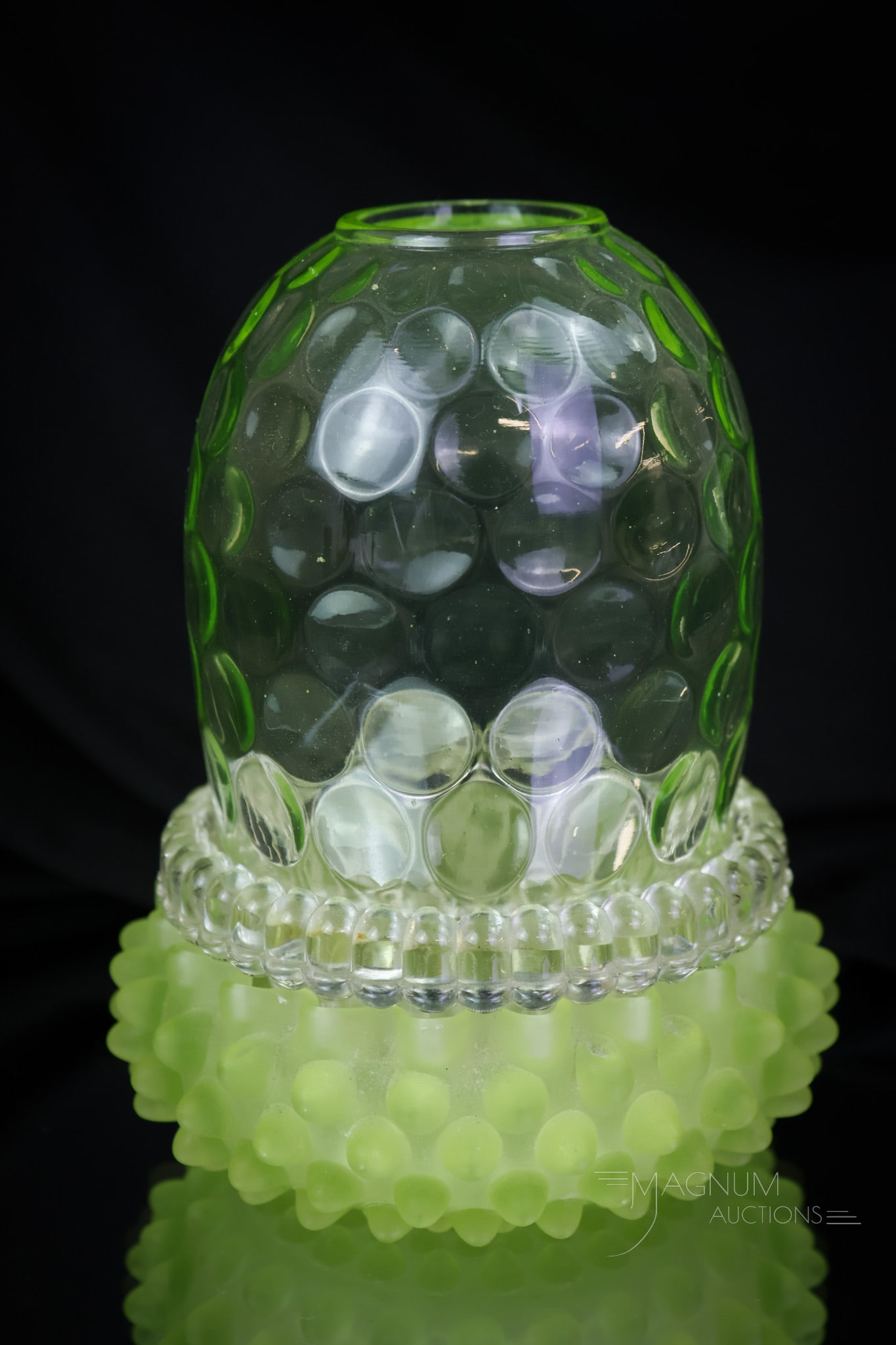 Vaseline Uranium Hobbs Glass Victorian Fairy Lamp: Uranies and Vasies, stand up and take note of this ultra desirable and yet fairy lamp. This is an elusive find for collectors. Who will win the fight for this fine example of Hobbs glass. The shade is