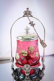 Victorian Cranberry Enameled Glass Silverplate Pickle Castor