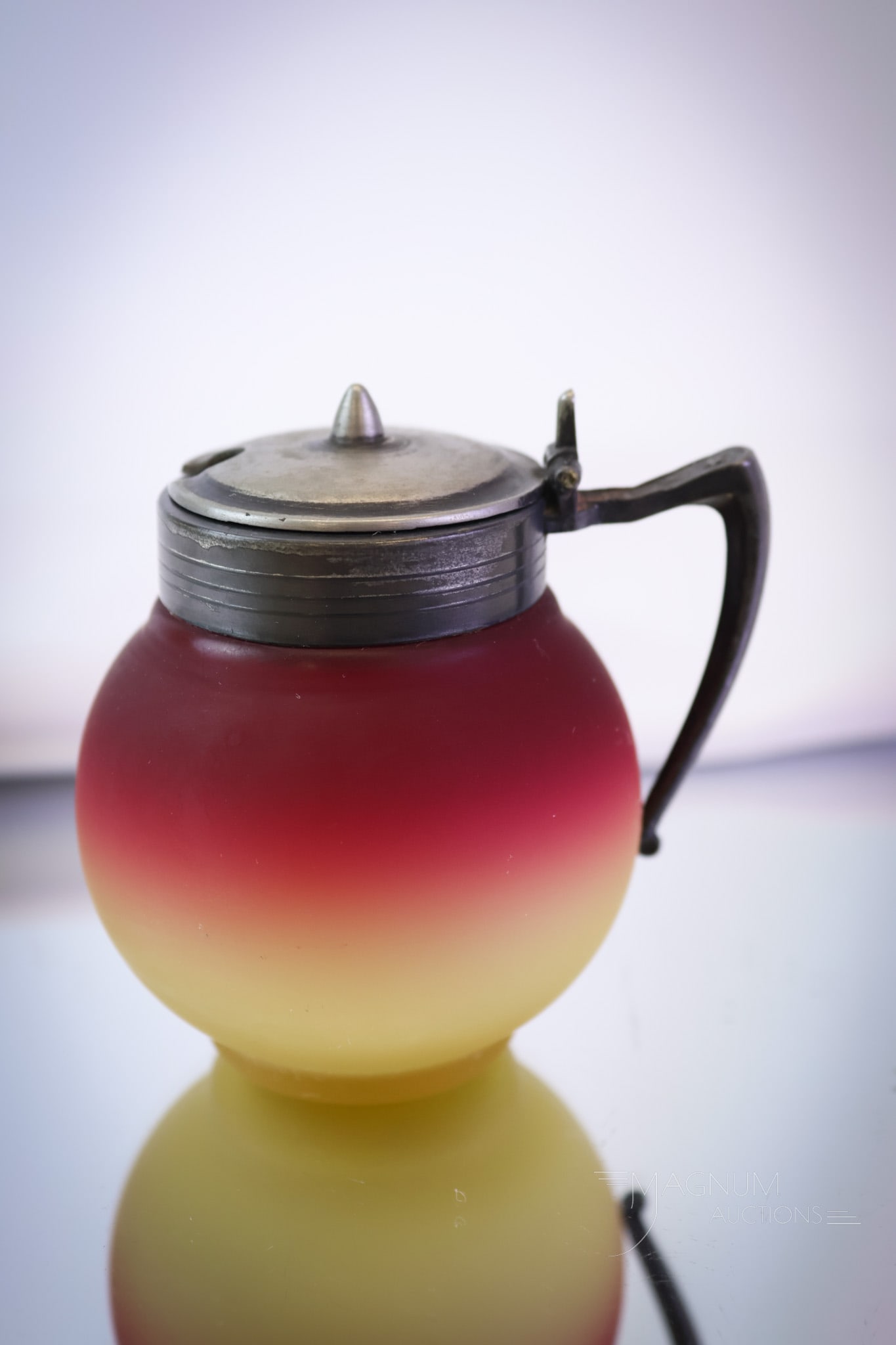 Hobbs Wheeling Peachblow Victorian Glass Mustard Jar: A fine example of a Victorian Hobbs Wheeling peachblow mustard jar., This one in silky satin finish. The best of the best here at Magnum Auctions! This little gem measures 2 1/2" tall. SHIPPING NOTICE