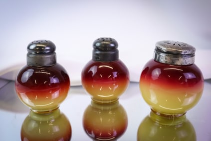 3 pc Lot Hobbs Wheeling Peachblow Victorian Glass Shakers