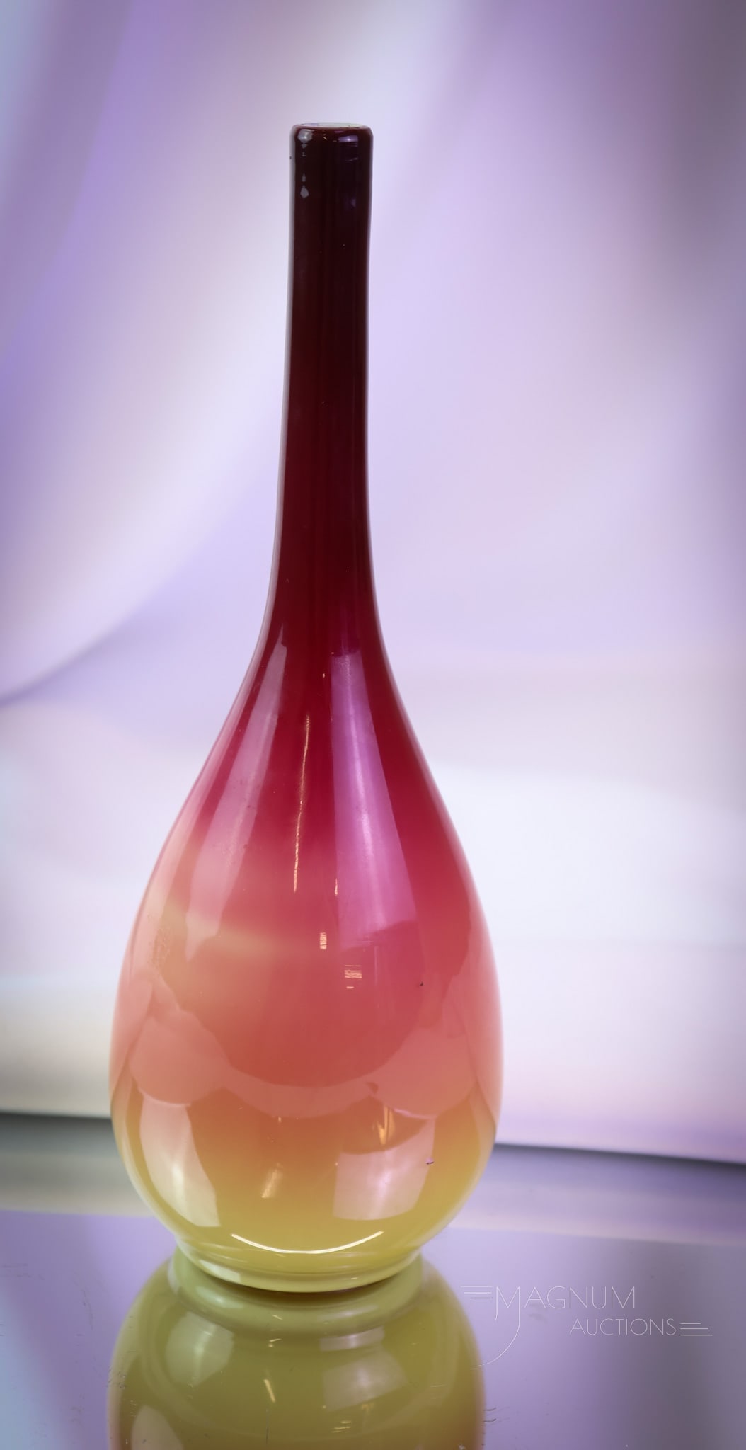 Hobbs Wheeling Peachblow Victorian Glass Bottle Vase: A nice find in Victorian Wheeling Peachblow glass. This piece is in the form of an ovoid bottle with a tiny neck. The vase measures 9" tall and 3 1/4" wide. SHIPPING NOTICE: If you choose not to utili