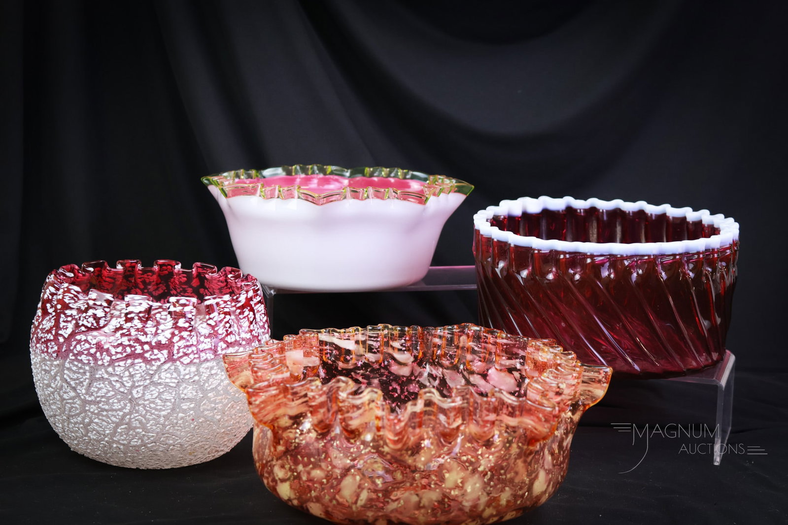 4 pc Lot Hobbs & More Victorian Glass Art Glass Bowls: A nice array of colorful Victorian art glass bowls made by Hobbs and more. This lot offers so much and yet. Each bowl is as nice as the next. The tallest measures 4". SHIPPING NOTICE: If you choose no