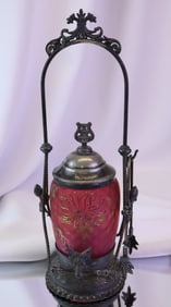 Wilcox Stag Head Silverplate Mt. Washington Cranberry Gilt Glass Victorian Pickle Castor