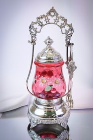 Victorian Cranberry Enameled Glass Silverplate Pickle Castor