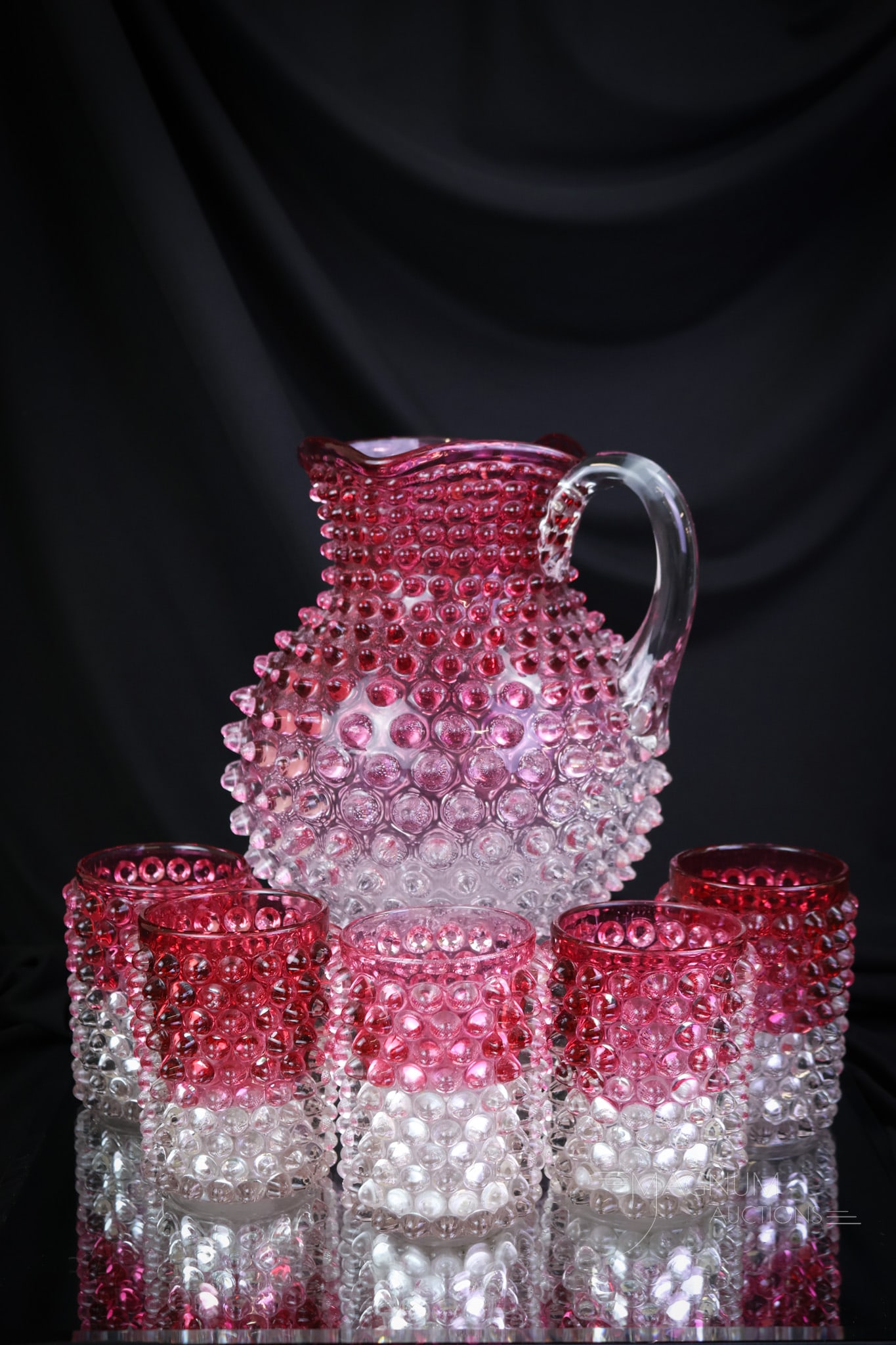 6 pc Lot Hobbs Cranberry Rubina Victorian Water Set: Here's a lovely for your collection! This super example of a Victorian water set was made by Hobbs. It is in cranberry rubina coloring and the Hobnail pattern. The set features a pitcher and five tumb