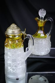 2 pc Lot Hobbs Block Amber Stained Victorian Glass Cruet & Syrup