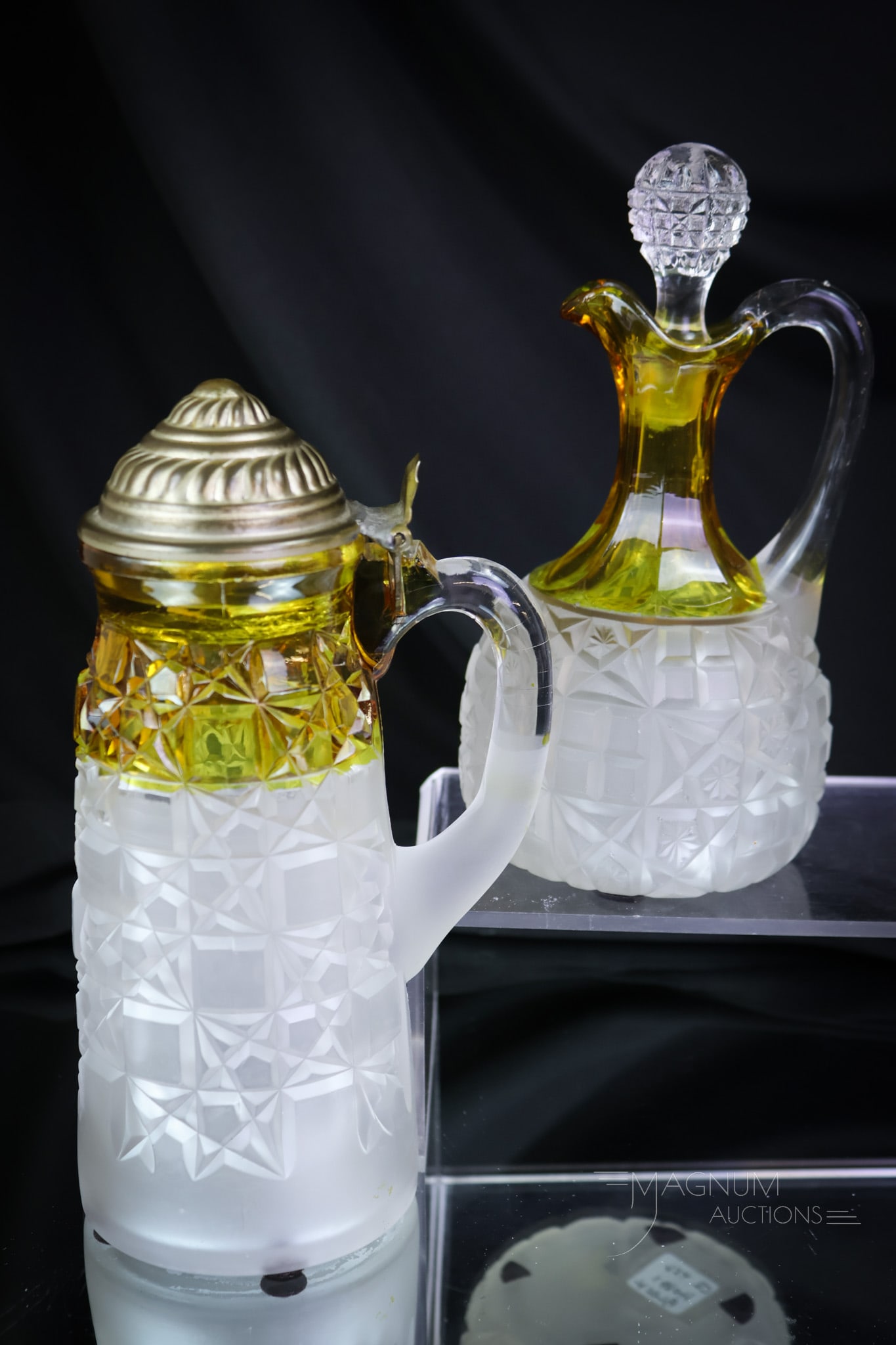2 pc Lot Hobbs Block Amber Stained Victorian Glass Cruet & Syrup: Two fine examples of Victorian glass Hobbs amber-stained Block pattern. The first is a cruet and the second a syrup. The tallest measures 8". SHIPPING NOTICE: If you choose not to utilize the LiveAuct