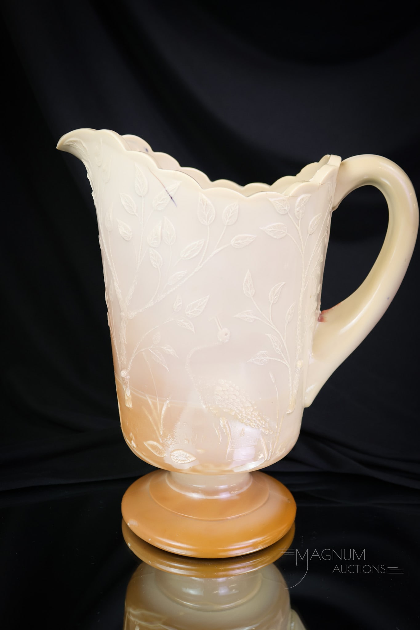 Greentown Chocolate Victorian Glass Heron Pitcher: Another seldom found piece for your growing collection of pitchers and Greentown glass. This pitcher measures 8 3/4" tall. It is adorned with a Heron and more. A fabulous example. SHIPPING NOTICE: If 