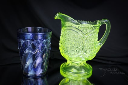 2 pc Lot Greentown Victorian Vaseline Uranium Glass & More
