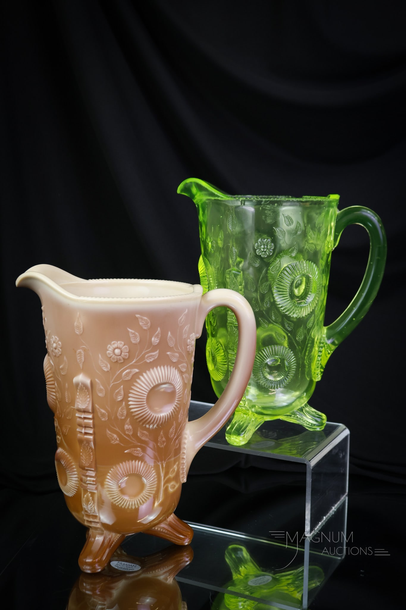 2 pc Lot Victorian Greentown Glass Vaseline & Chocolate Water Pitchers: two select finds in Victorian glass pitchers by Greentown. Both pitchers are in the Ruffled Eye pattern. One in chocolate and one in vseline. The chocolate is perfect. The vaseline example has chips t