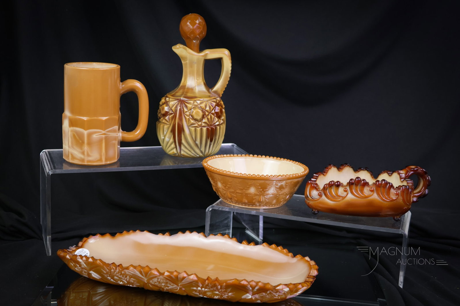 5 pc Lot Greentown & More Chocolate Glass: Five examples for your growing collection. This conglomeration of Victorian Greentown and more glass has some interesting at the slightest examples. The first piece is a Shield with Daisy & Button cru