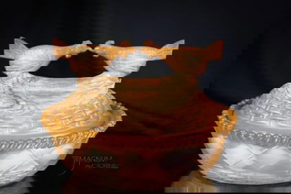 Greentown Chocolate Glass Victorian Fighting Cocks Covered Dish