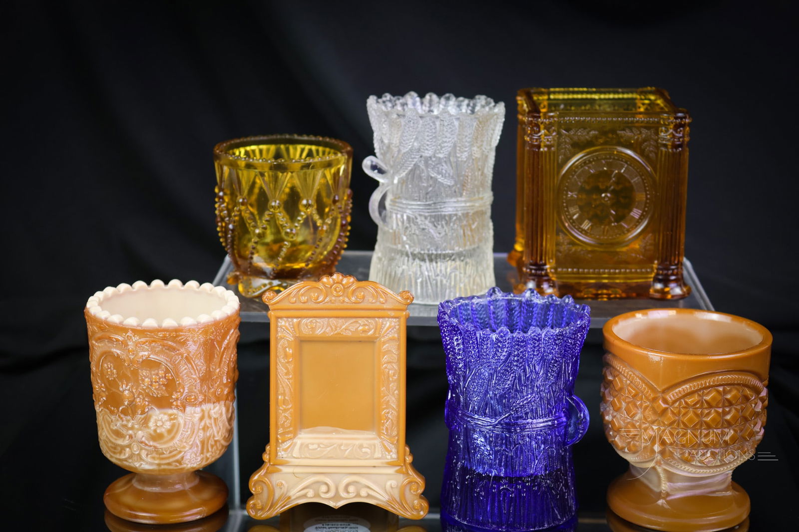 7 pc Lot Victorian Greentown & More Toothpick Holders: Seven unique and collectible finds in Victorian Greentown and more toothpick holders. Four have issues. Like most of us. Three are perfect. The perfect are the choclate Austrian, amber clock, and Fent