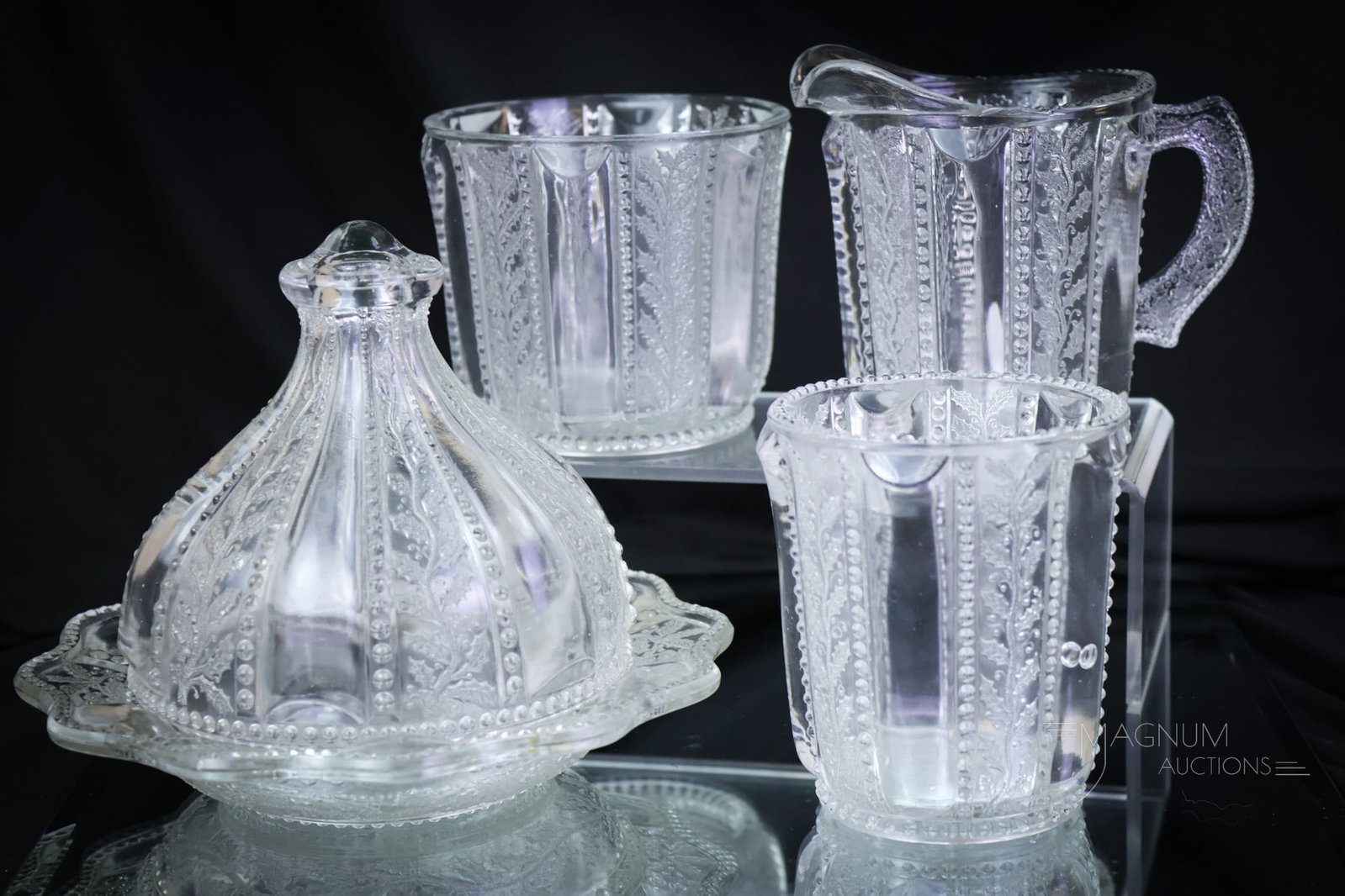 4 pc Greentown Holly Victorian Table Set: A very pretty and complete Greentown Holly pattern table set. This set includes all four complete pieces. The tallest of the offerings measures 6". SHIPPING NOTICE: If you choose not to utilize the Li