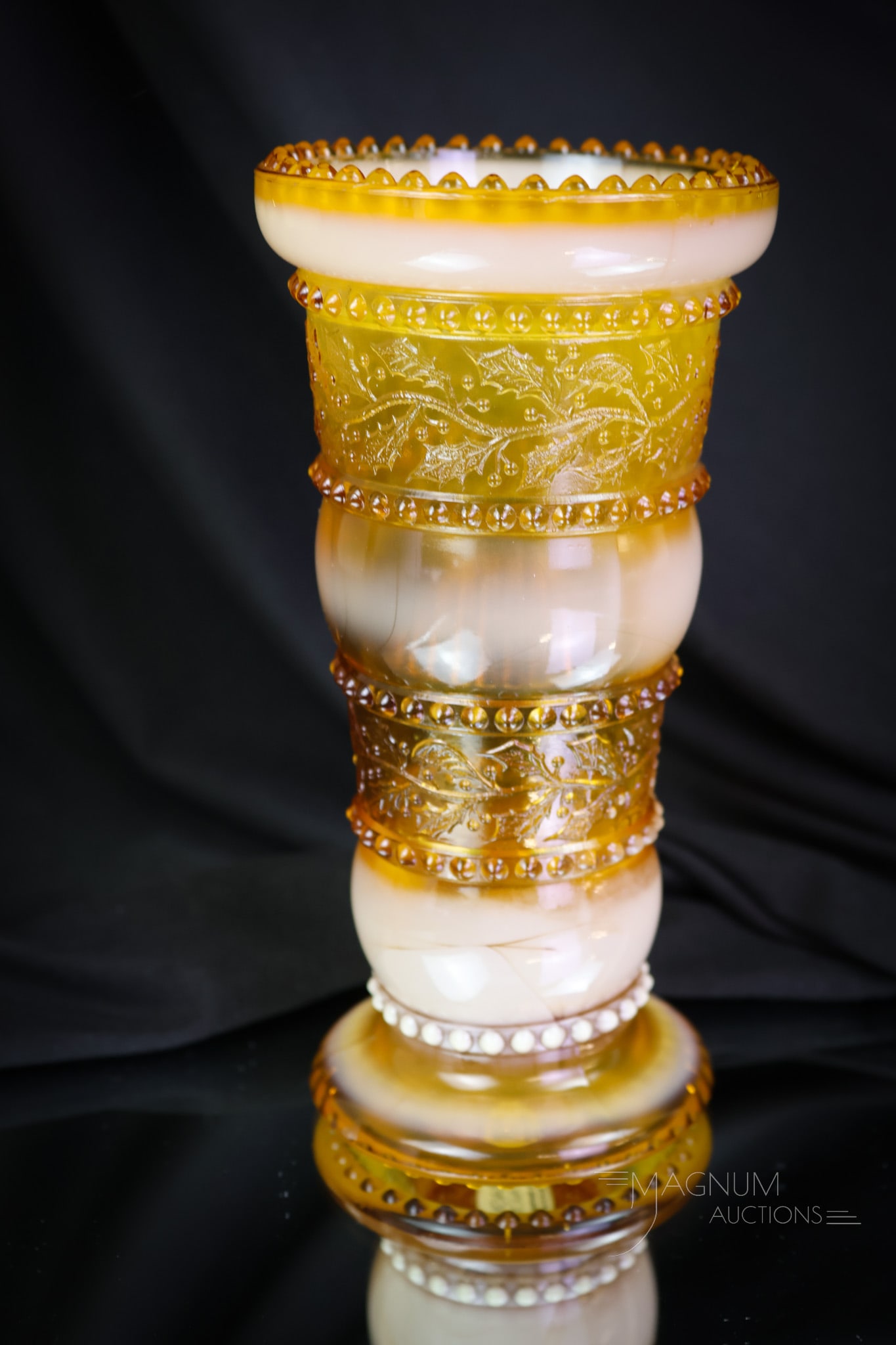 Greentown Holly Amber Victorian Glass Vase: A super example of a highly collectible glass vase. This example measures 6" tall and a girthy 3" in diameter. This one will make the Holly collectors sweat and swoon. SHIPPING NOTICE: If you choose n