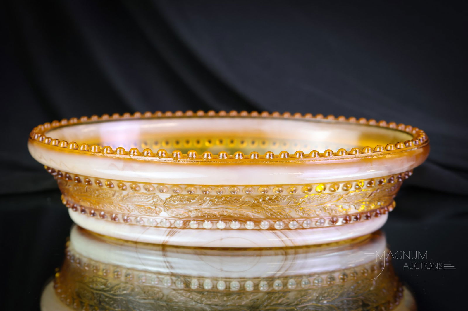 Greentown Holly Amber Victorian Glass 7 1/2" Oval Bowl: Another find in our line up of Victorian Greentown Holly Amber pattern. This is a 7 1/2" oval bowl. Great coloring and pattern definition. SHIPPING NOTICE: If you choose not to utilize the LiveAuction