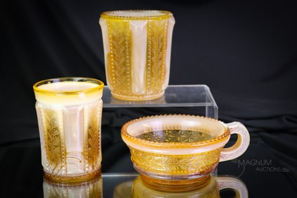 3 pc Lot Greentown Holly Amber Victorian Glass