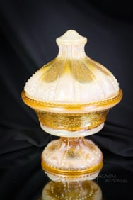 Greentown Holly Amber Victorian Glass 6 1/2" Compote