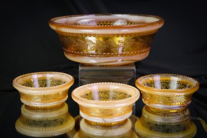 4 pc Greentown Holly Amber Victorian Glass Berry Set