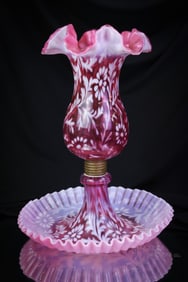 Fenton L.G. Wright Cranberry Opalescent Daisy & Fern Epergne Centerpiece