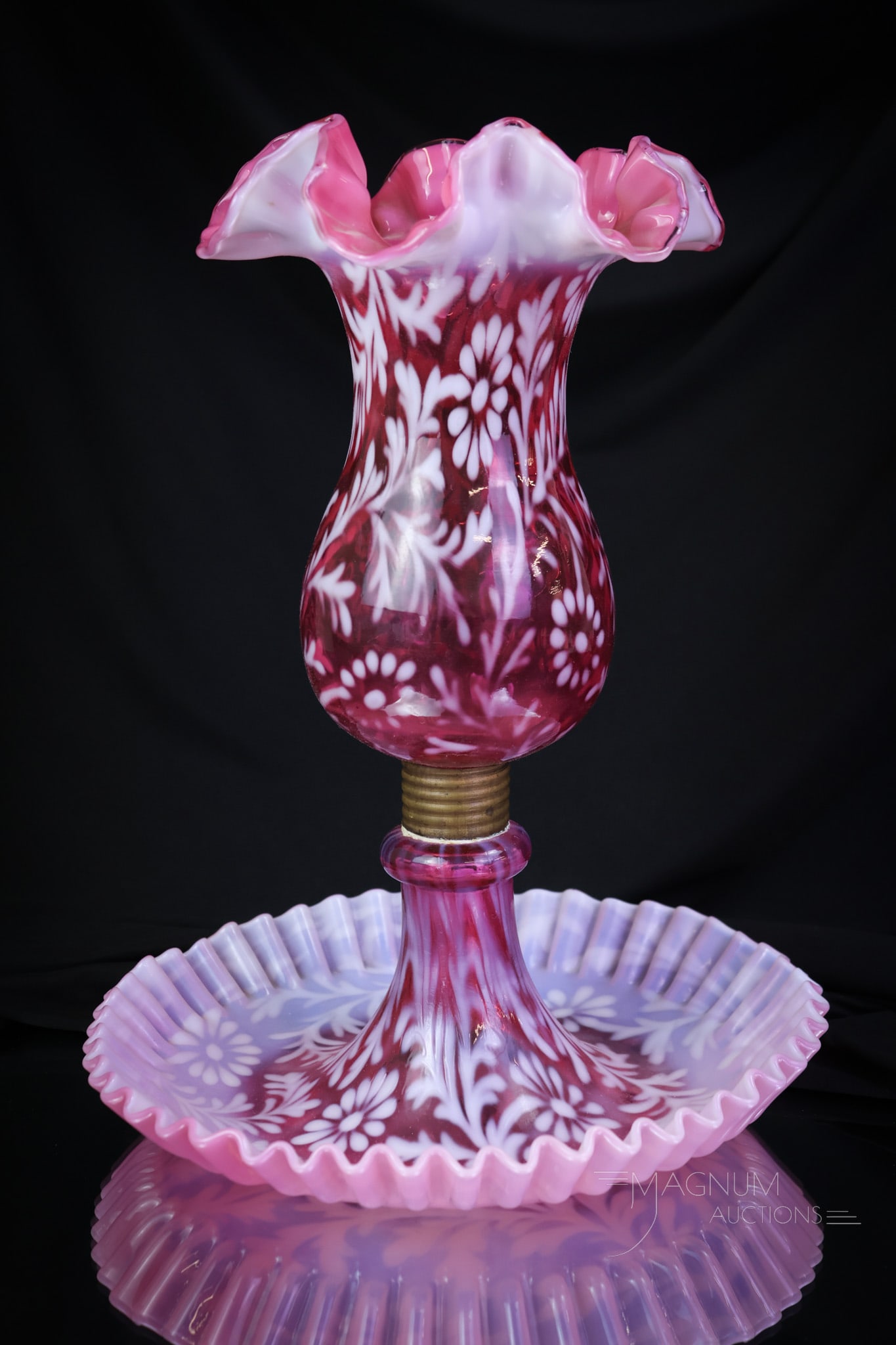 Fenton L.G. Wright Cranberry Opalescent Daisy & Fern Epergne Centerpiece: A Stunning Fenton for L.G. Wright cranberry opalescent Daisy & Fern pattern epergne centerpiece. This is an incredible example and highly desired. Will you be the lucky winner of this fine piece? This