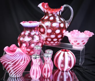 9 pc Lot Dysfunctional Yet Happy Fenton Cranberry Opal Glass Family