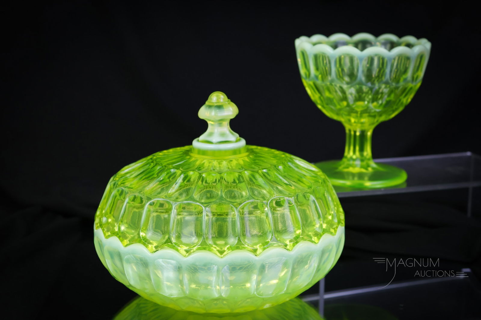 2 pc Lot Fenton Topaz Vaseline Uranium Glass: two unique finds for the "glowy" collection. This lot offers both pieces in Topaz vaseline uranium opalescent glass. The lot is comprised of a covered candy box and a small compote. The tallest measur