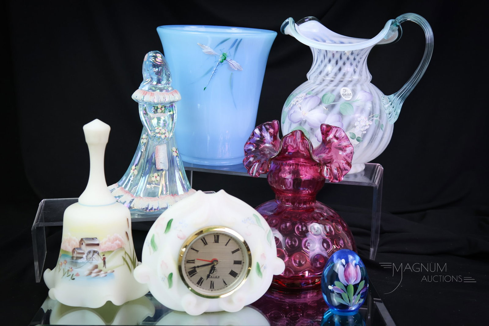 7 pc Lot Guilty Pleasures in Fenton Glass: Seven highly prized and collectible pieces you'll feel guilty for buying, but then you'll get over it. This charming lot includes six hand-painted pieces. The tallest measures 7". SHIPPING NOTICE: If 