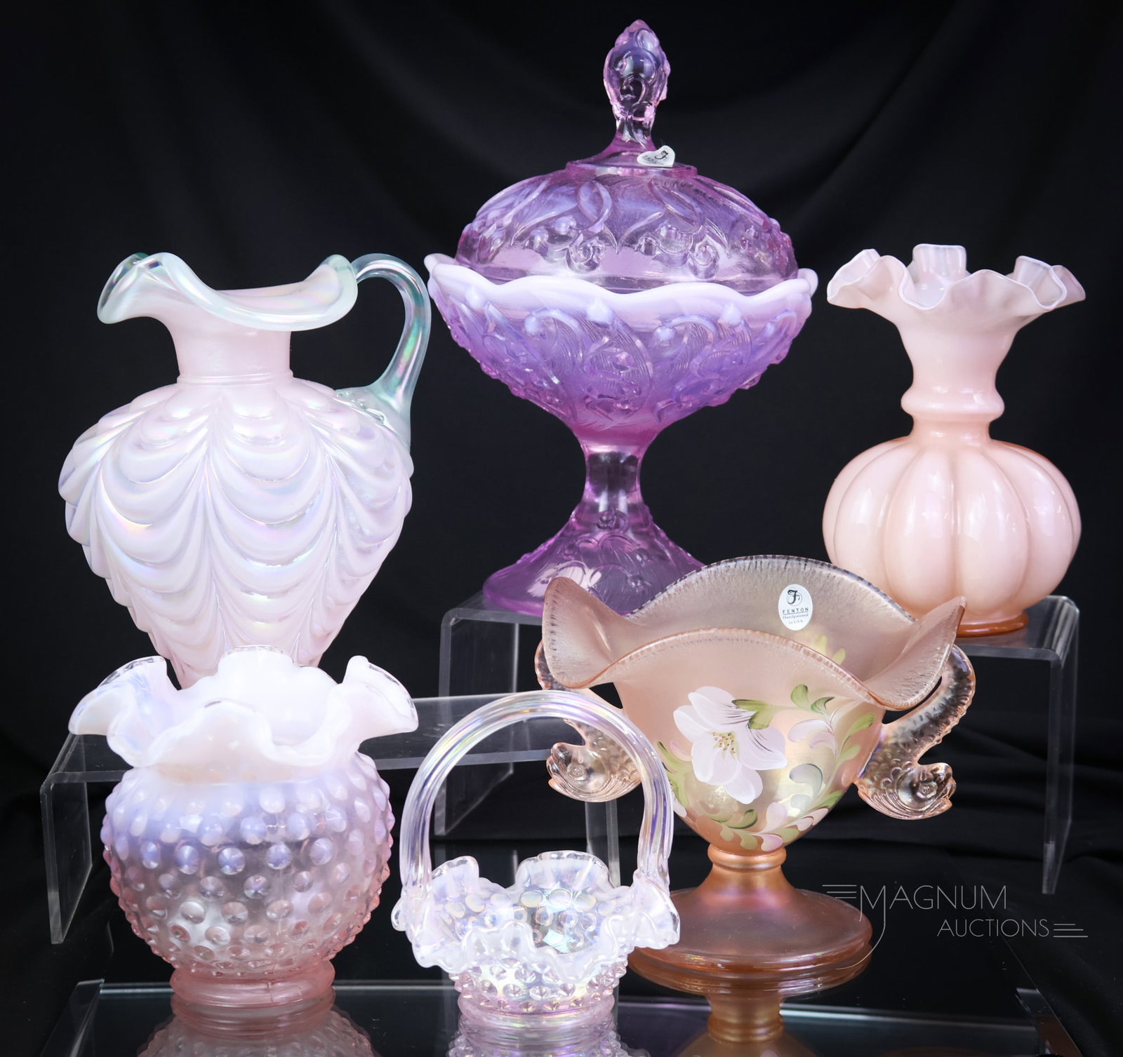 6 pc Lot Fenton Art Glass: A half dozen pieces of highly desired and yet Fenton art glass. This lot includes several pieces in pink opalescent glass. Amazing hard-to-find examples that you won't want to miss out on! The tallest