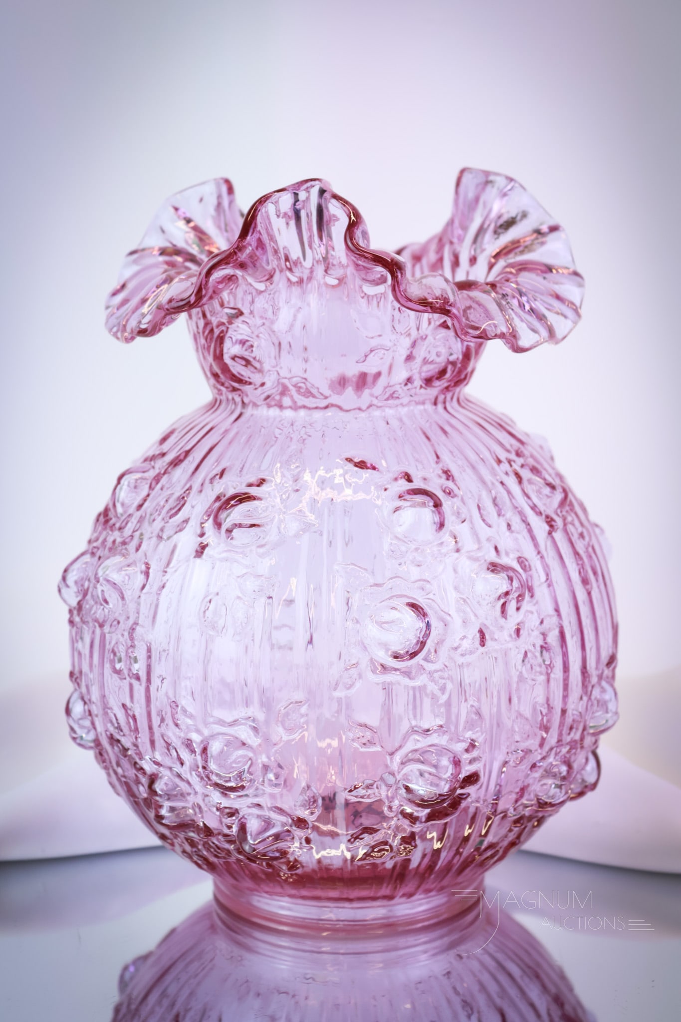 Fenton Pink Embossed Roses GWTW Lamp Shade: Seldom does the opportunity come around to buy only this shade of a Fenton Embossed Roses pattern Gone with the Wind lamp. Here is your chance. Bid early and high on this clean example with great colo