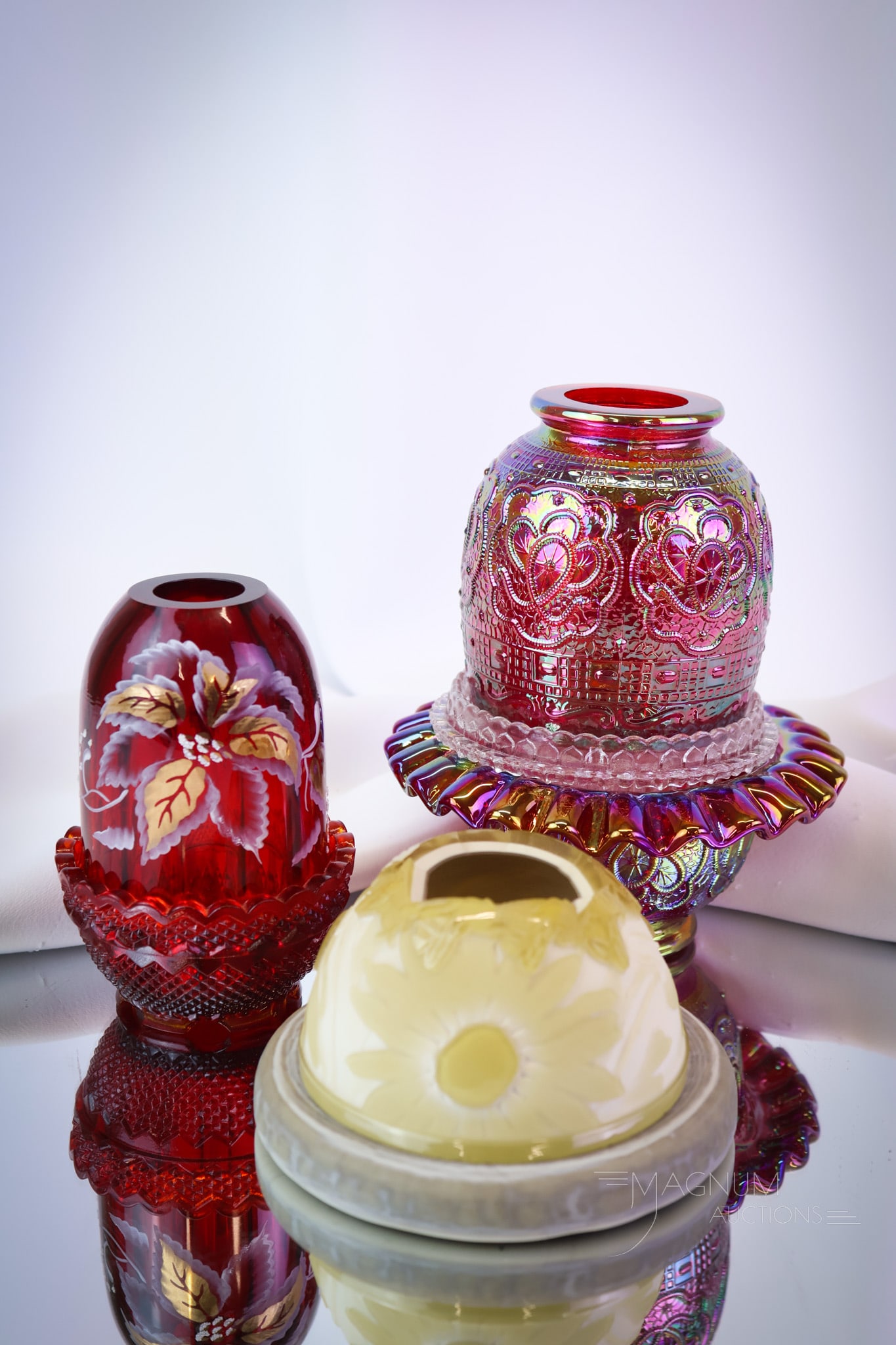 3 pc Lot Fenton carnival Hand-Painted Kelsey Murphy Pilgrim Fairy Lamps: Three select finds in Fenton and Pilgrim glass fairy lamps. The first is a red carnival Persian Medallion. The second is a ruby hand-painted. The final example is a Kelsey Murphy Cameo glass lamp in c