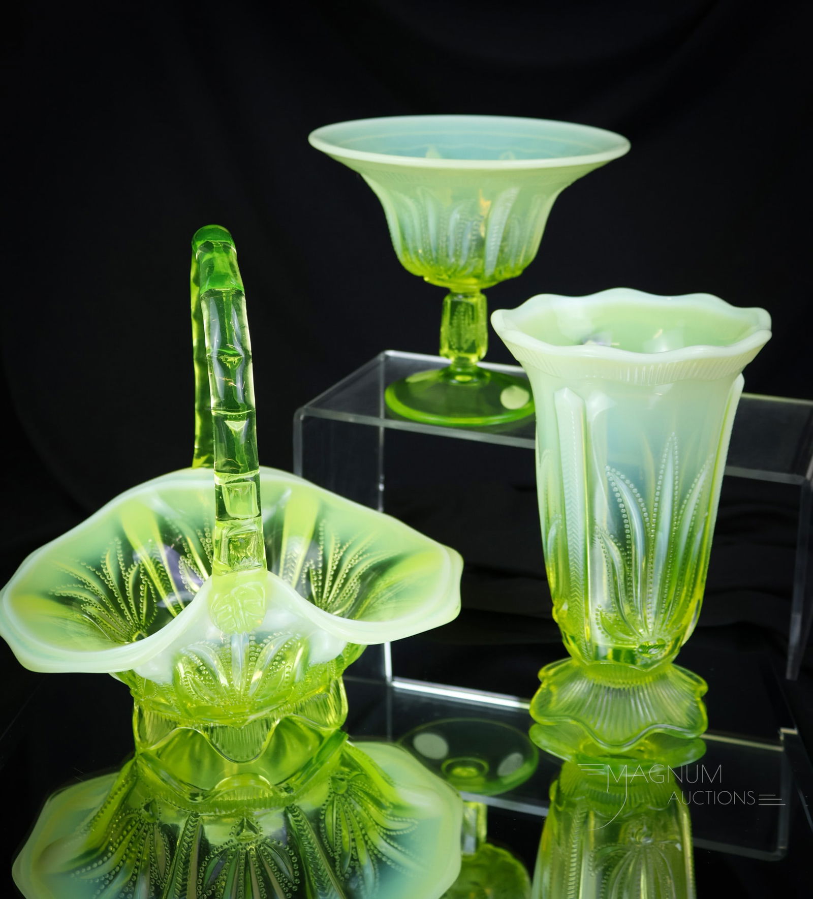 3 pc Lot Fenton Topaz Vaseline Opalescent Uranium Glass Cactus: Uranies stand up and take note of the offering before your eyes. These are three select examples of Fenton Topaz Vaseline uranium glass in the Cactus pattern. The lot features a flared compote, a bask