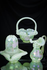3 pc Lot Fenton Topaz Vaseline Opalescent Uranium Glass
