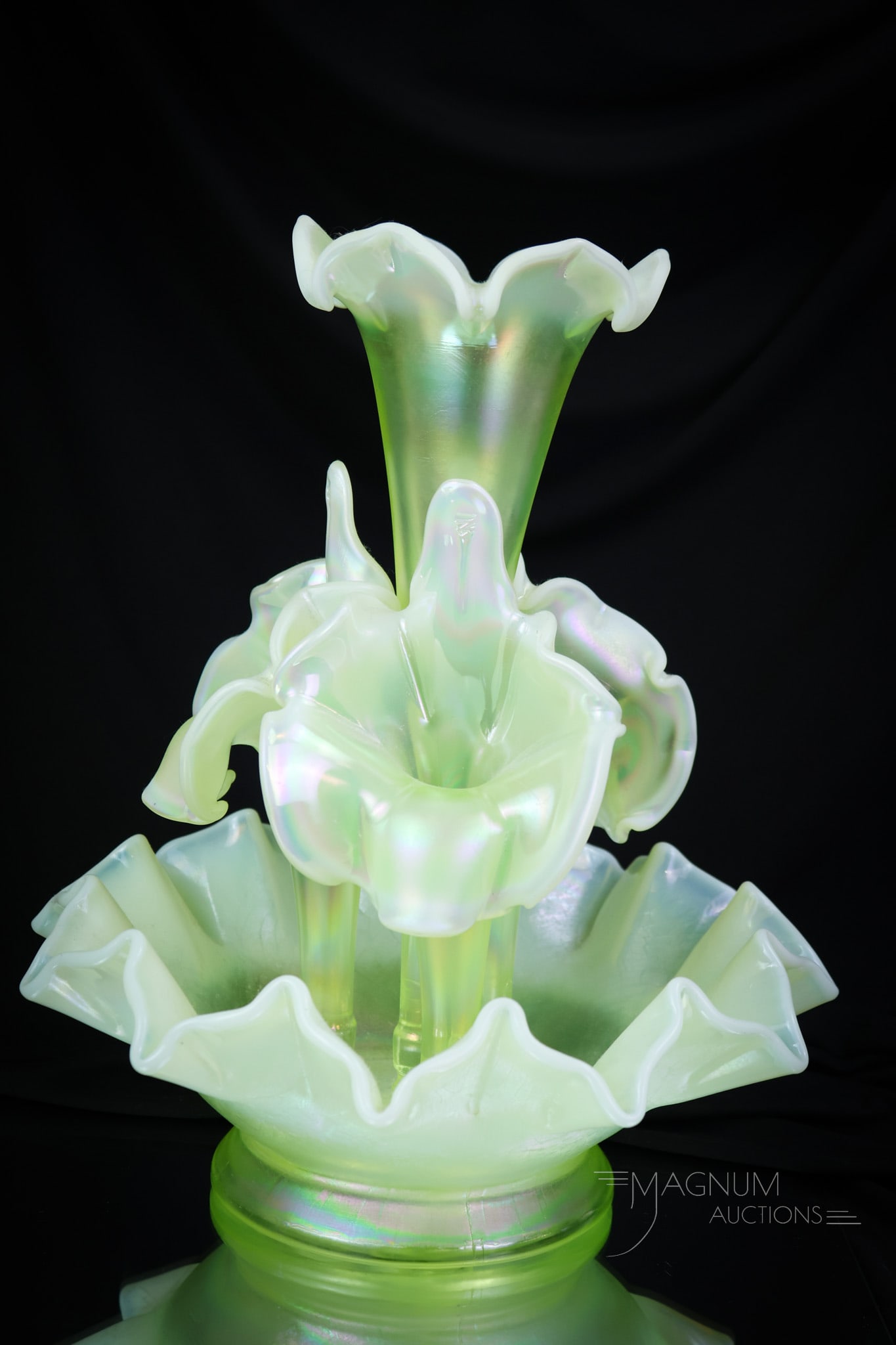 Fenton Art Glass Topaz Vaseline Uranium Opalescent Epergne: Make way in the center of the dining table for this amazingly collectible piece of Vasie lovin' glass. This epergne features four horns and a base. All in glowing Topaz Vaseline opalescent uranium-ric