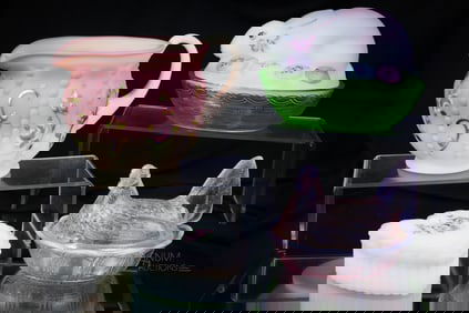 4 pc Lot Fenton Art Glass Decorated Burmese Uranium & More