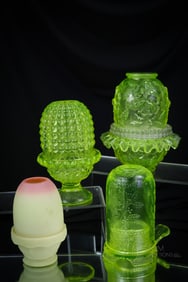 4 pc Lot Uranium Vaseline Glass Fenton Mosser Viking Glass Fairy Lamps