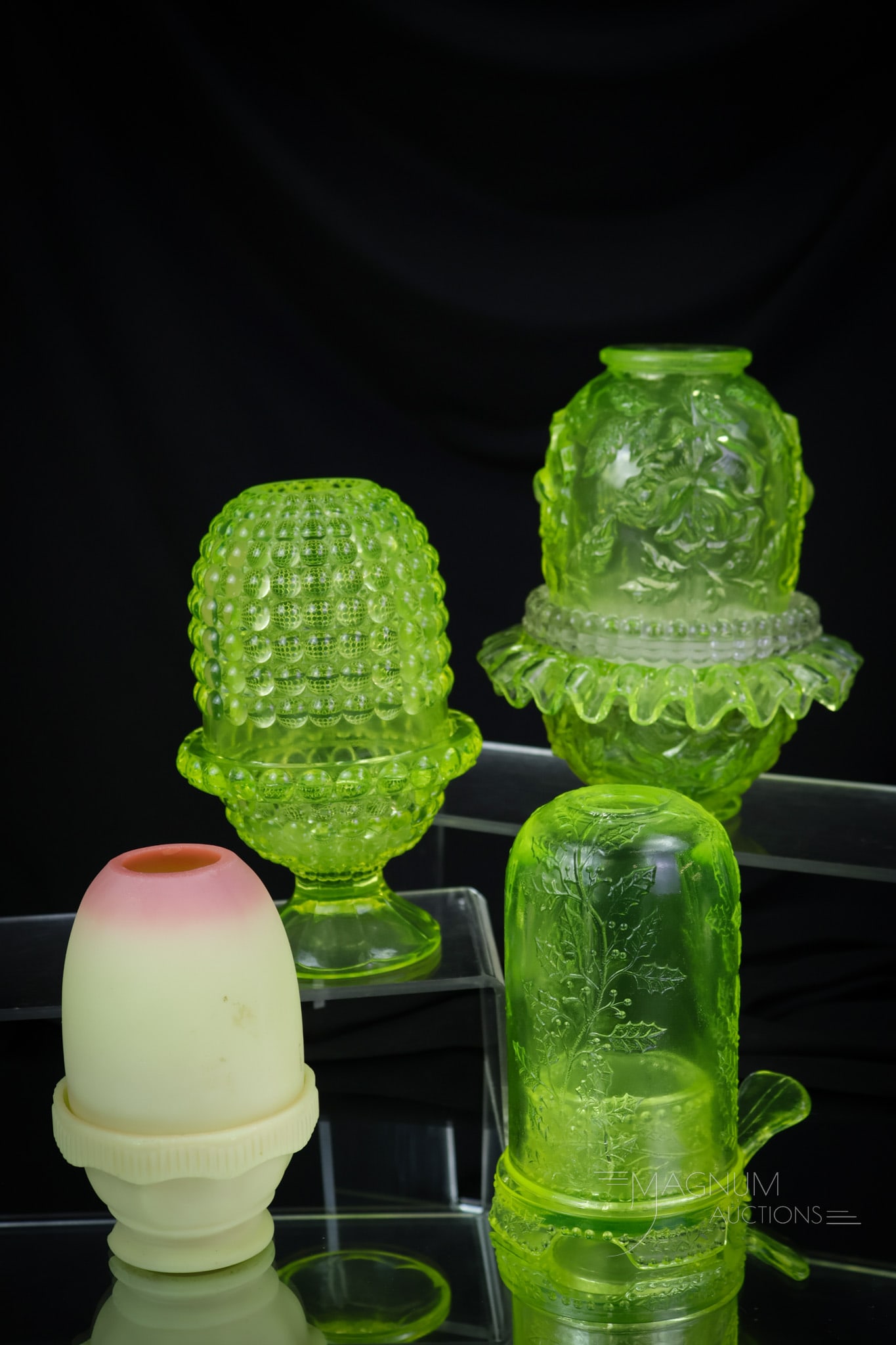 4 pc Lot Uranium Vaseline Glass Fenton Mosser Viking Glass Fairy Lamps: Vasies charge up those black lights and get ready to ooh and ahh over this fantastic lot of Fairy lamps. If this doesn't get you excited, little will. This lot offers a Fenton for L.G. Wright Roses ex