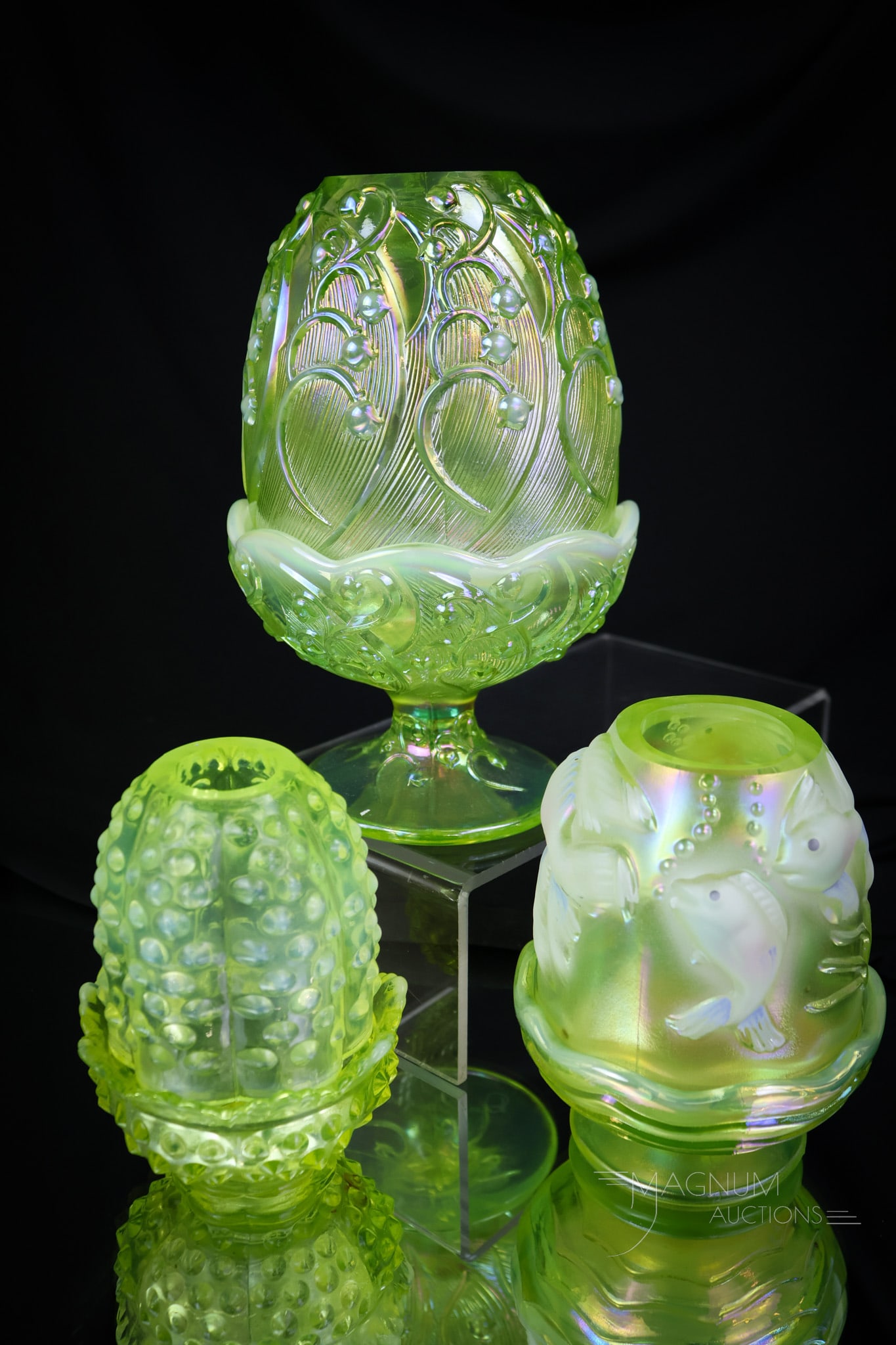 3 pc Lot Fenton Topaz Vaseline Uranium Fairy Lamps: Vasies, it's time to scrap your gold and silver. You'll need the extra funds for this amazing auction of vaseline glass. This lot is just one example you'll have to have. This lot is made up of three