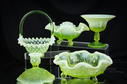 5 pc Lot Fenton Topaz Vaseline Opalescent Uranium Glass