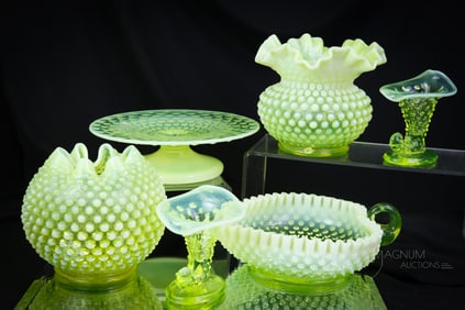 6 pc Lot Fenton Topaz Vaseline Opalescent Hobnail Uranium Glass