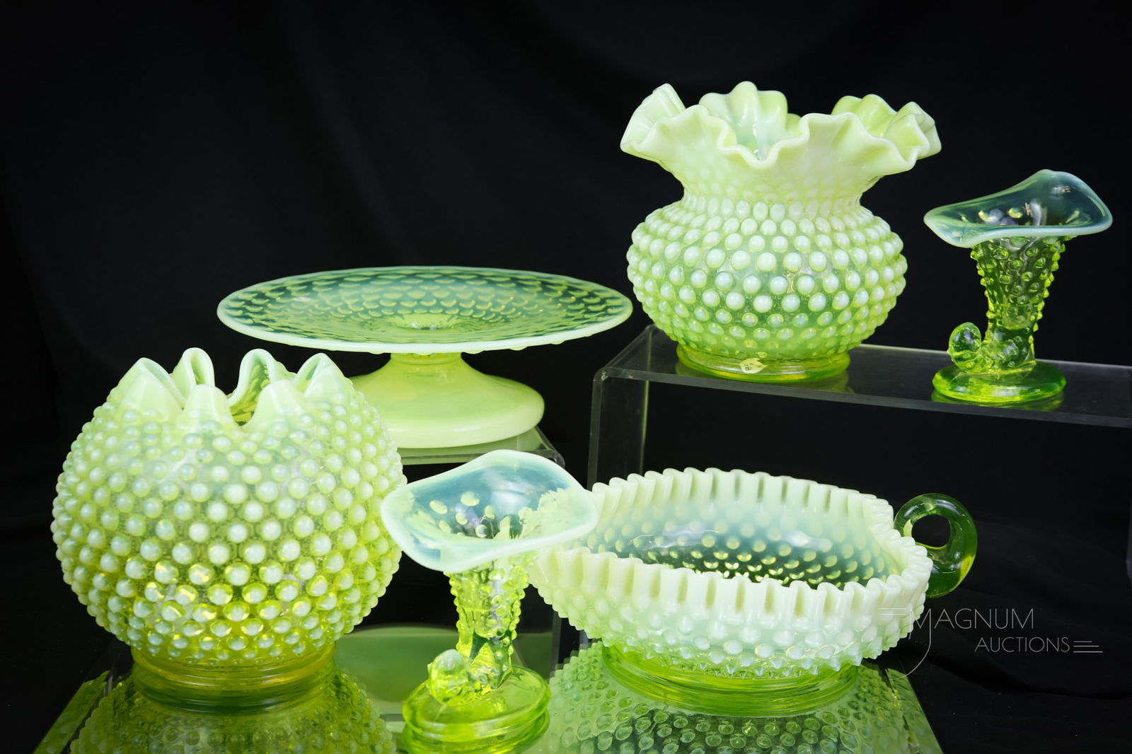 6 pc Lot Fenton Topaz Vaseline Opalescent Hobnail Uranium Glass: Six eye-pleasing finds in uranium-rich Fenton Topaz vaseline opalescent art glass. This lot will shine for days to come with all of the uranium in it. The lot includes a rose bowl, a vase, a pair of m