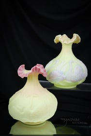 2 pc Lot Fenton Uranum Burmese Art Glass Swan Vases
