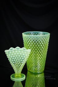 2 pc Lot Fenton Topaz Vaseline Opalescent Hobnail Uranium Art Glass