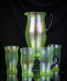 5 pc Fenton Topaz Vaseline Uranium Stretch Glass Water Set