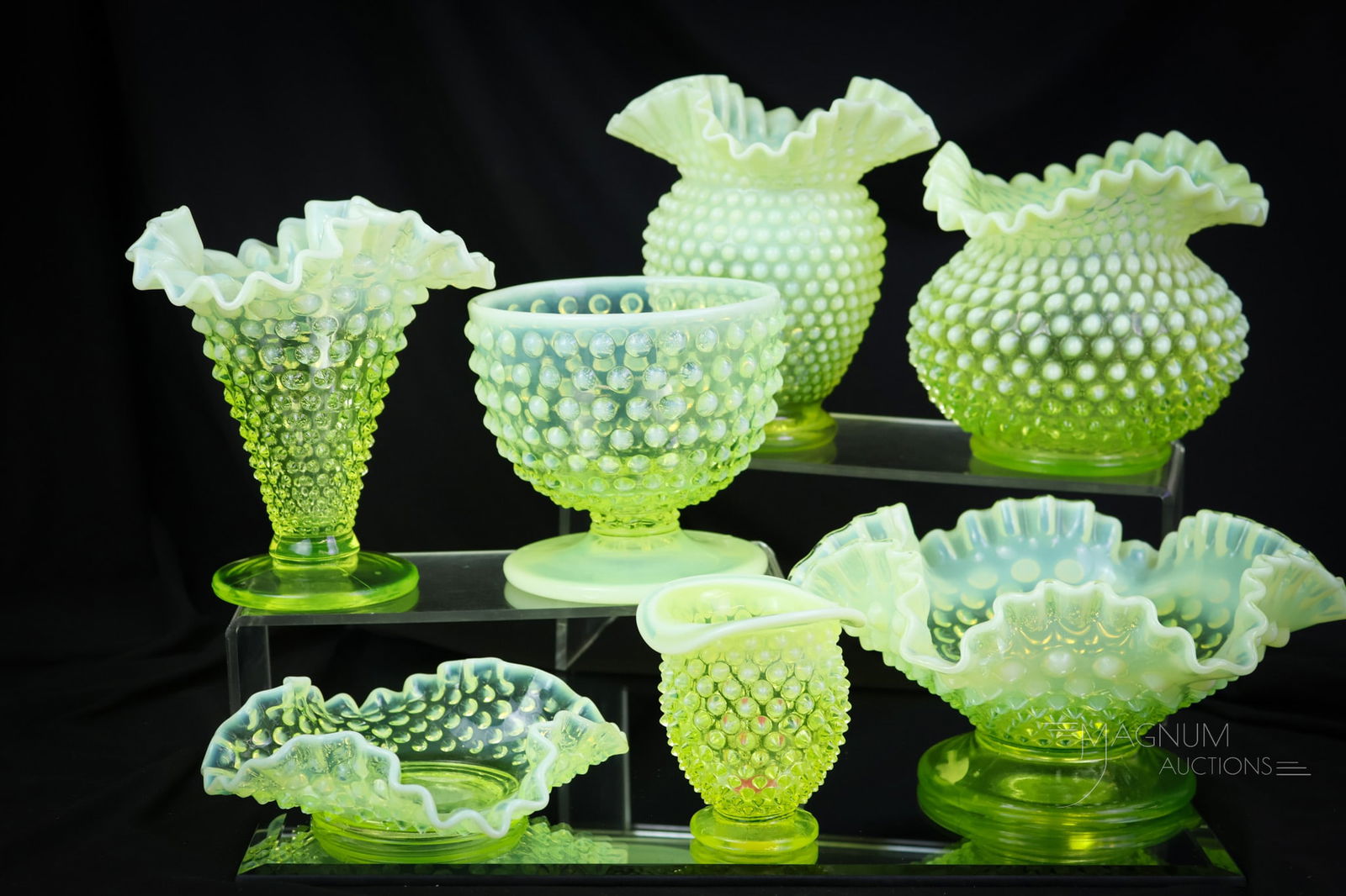 7 pc Lot Fenton Topaz Vaseline Opalescent Uranium Hobnail Art Glass: This is way too much vaseline, isn't it? Not really. We have more than you can imagine and are the go-to auction for Vasies and Uranies alike. This lot offers seven pieces of Fenton art glass in Topaz