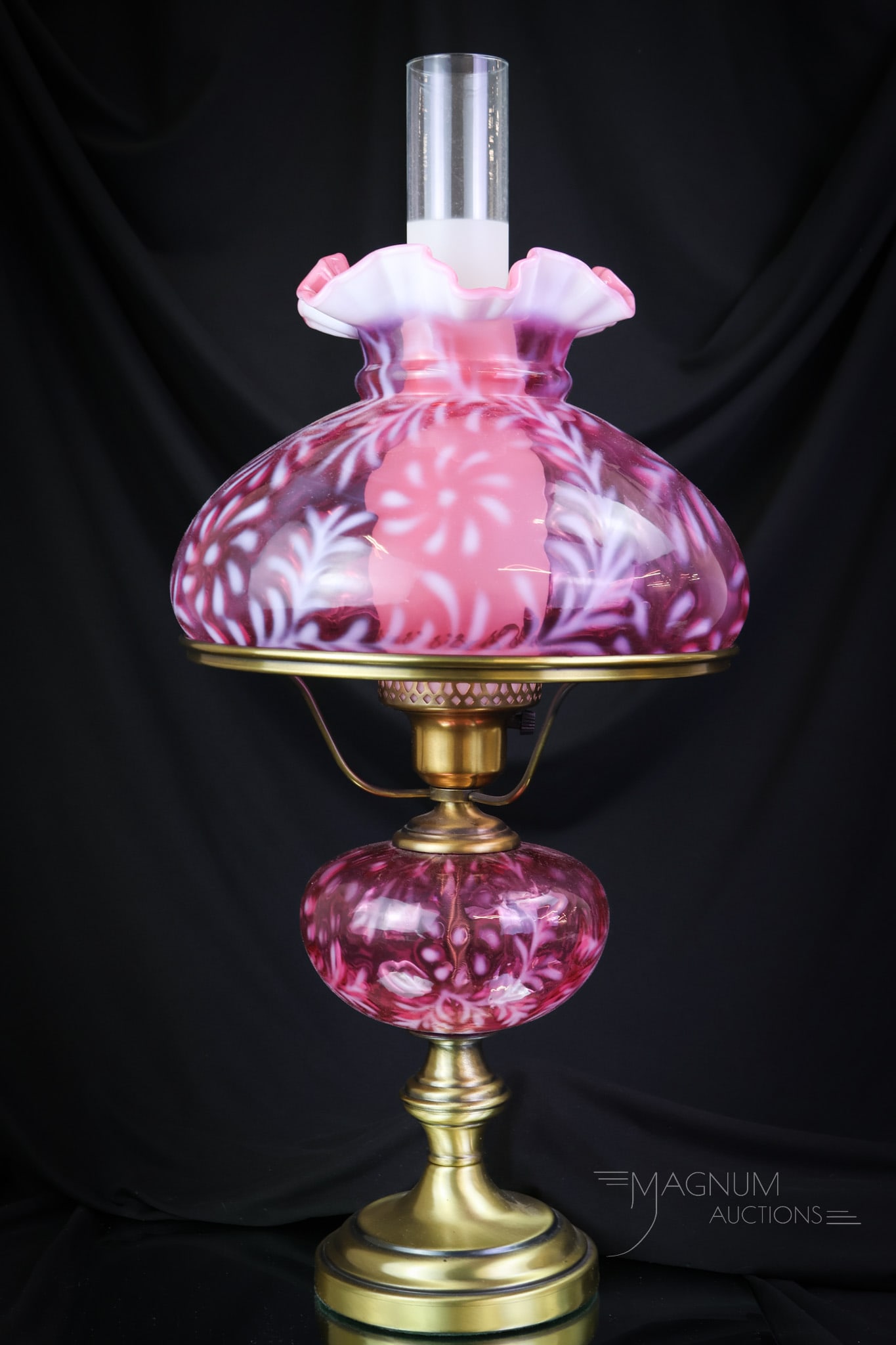 Fenton Cranberry Opalescent Art Glass Daisy & Fern Table Lamp: A delightful addition to any household. This Fenton art glass cranberry opalescent Daisy & Fern pattern lamp will add charm to any room. This lovely example measures a tall 20". SHIPPING NOTICE: If yo