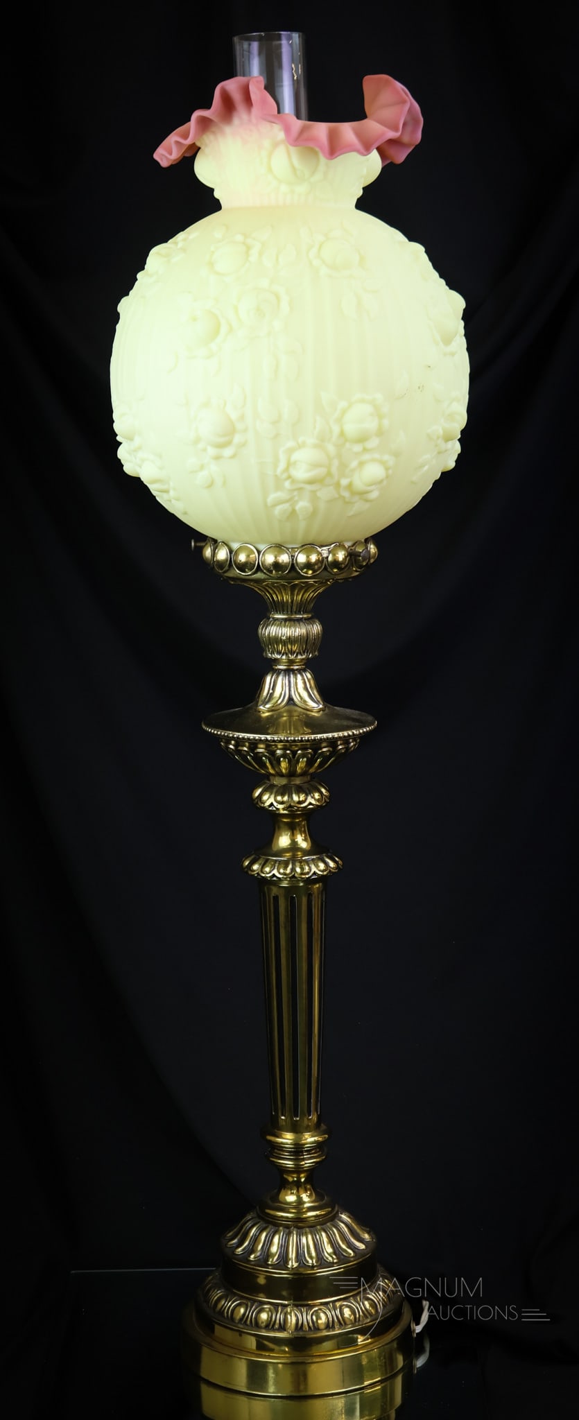 Fenton Burmese Uranium Art Glass Banquet Lamp: Always a find when you come across them. This Fenton burmese glass is an excellent example. Perfect coloring, and the shade is uranium-rich and lights up under black light. This big boy measures in at