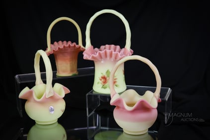 4 pc Lot Fenton Burmese Uranium Art Glass Baskets