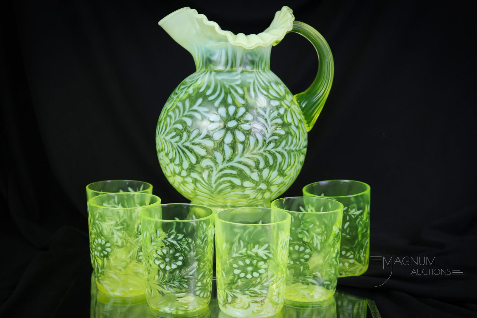 7 pc Fenton Topaz Daisy & Fern Vaseline Uranium Opalescent Water Set: An amazing set that'll light up your cabinet with a black light on it. You can sit around the fire this winter and watch it glow! This beautiful ensemble is made by Fenton in Topaz colored vaseline op